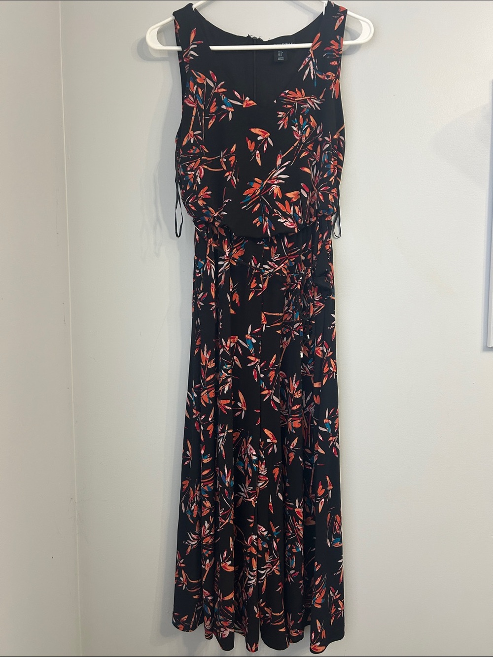 Cynthia Rowley Black Sleeveless Leaf-Print Jumpsuit with Red & Teal Accents